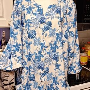 r Catherines Floal Button Up 3/4 Sleeve Plus Size Top 3X